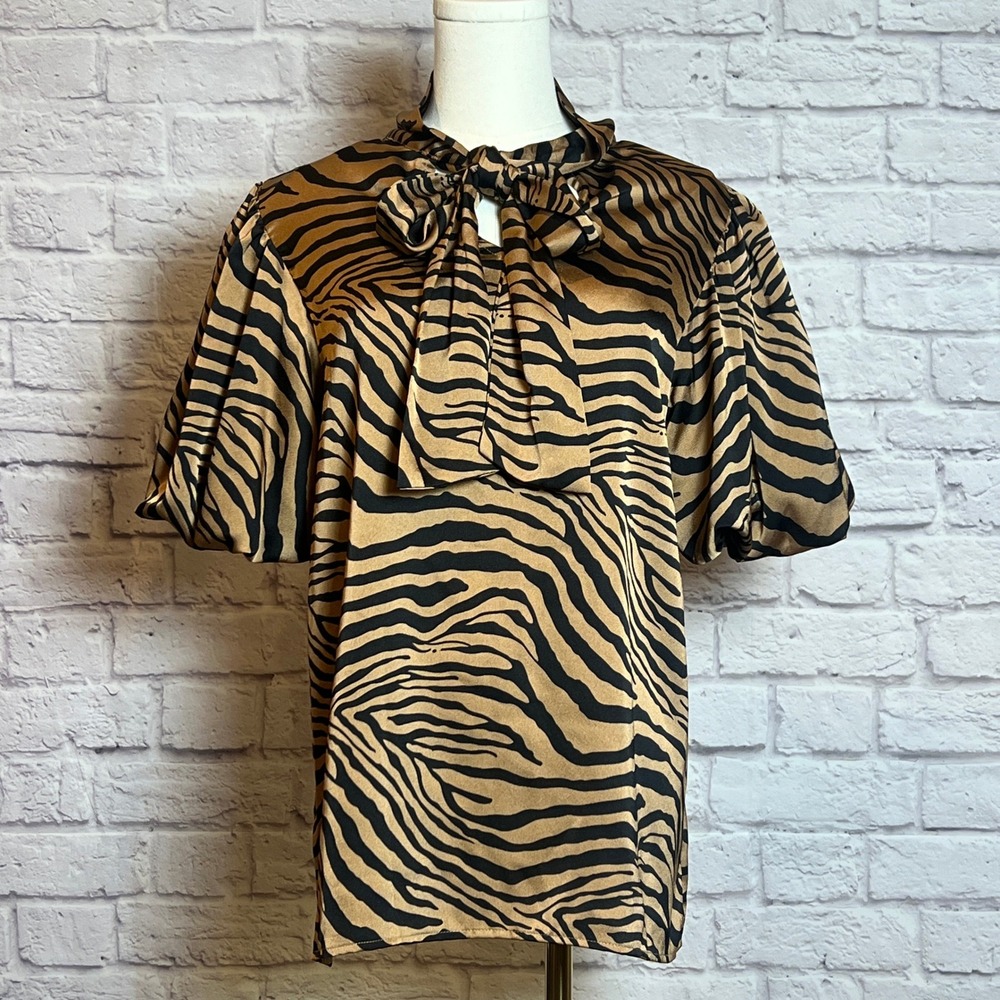 Entro Zebra Print Tie Neck Blouse Mocha Black Short Sleeve Medium